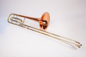 Reynolds 72-X “Philharmonic” Contempora single rotor Bass Trombone with “F” and “E” tuning slides.